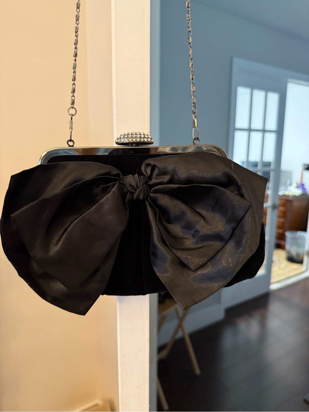Neiman Marcus Black Velvet & Satin Bow Clutch Evening Bag With Rhinestone Clasp. — image 7 of 8